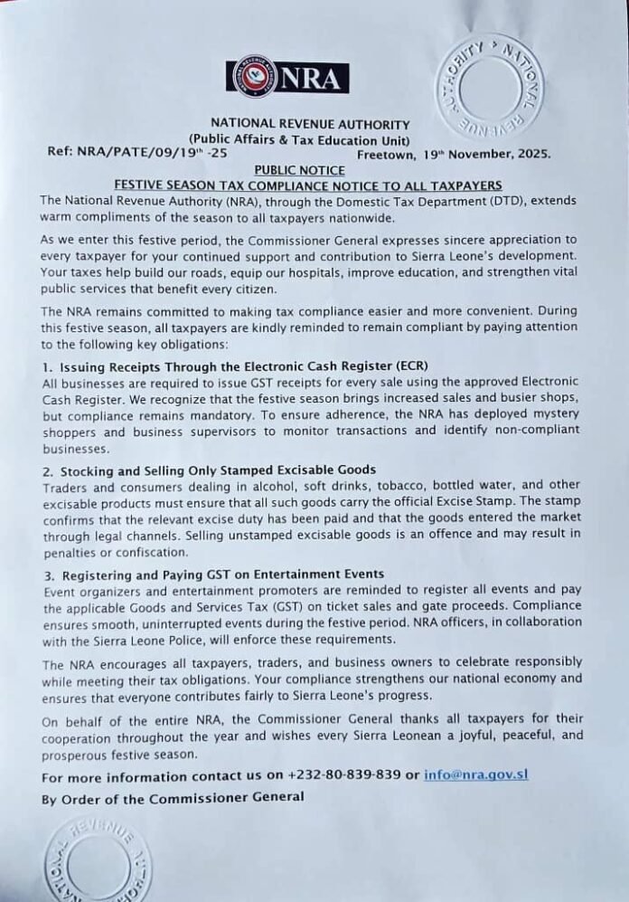 NRA Reminds Taxpayers of Key Obligations Ahead of Festive Season